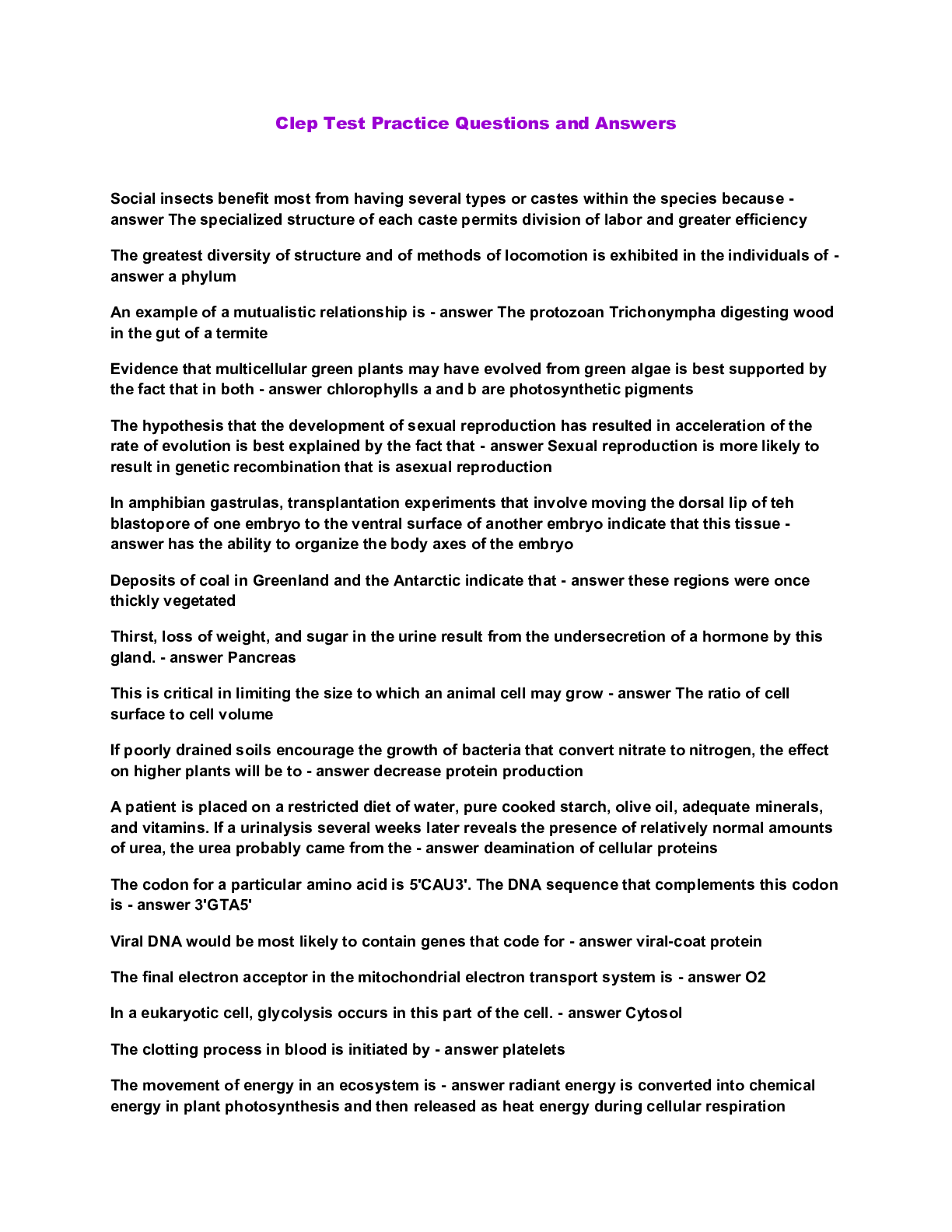 Preview image of Clep Test Practice Questions and Answers document